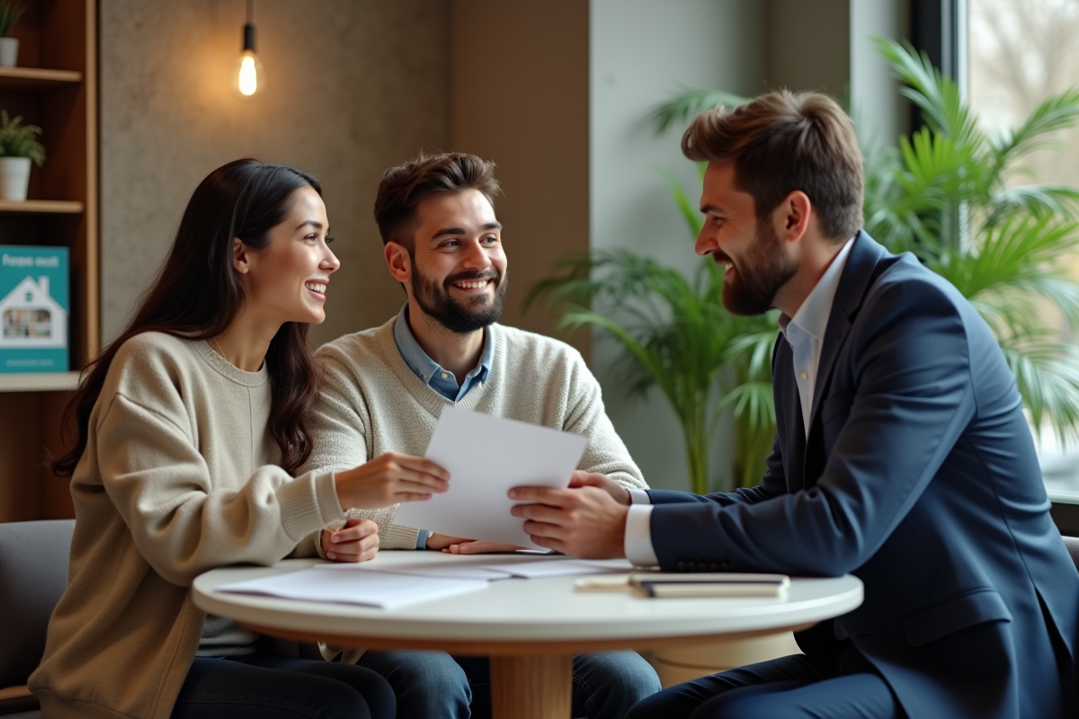 Jeune couple rencontrant un banquier dans une agence bancaire