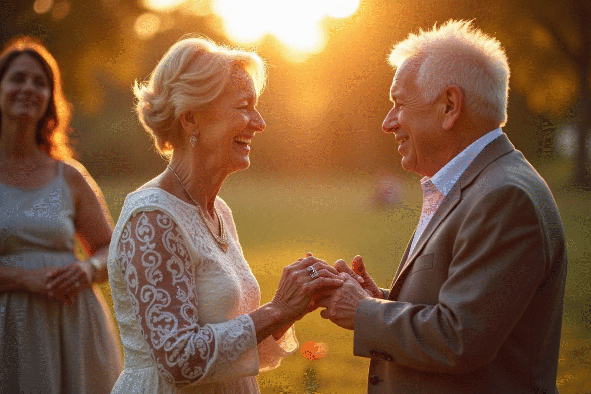 Couple agee renouvelant leurs vœux en plein air lors du coucher de soleil