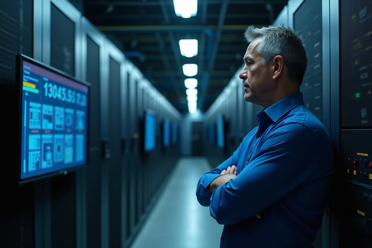 Responsable informatique dans une salle de serveurs face aux risques de cyberattaques et fuites de médias