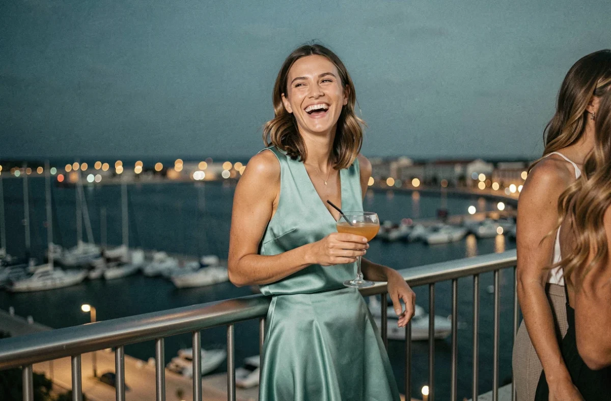 Femme souriante avec un cocktail sur un rooftop bar de Toulon avec vue sur le port en arrière-plan