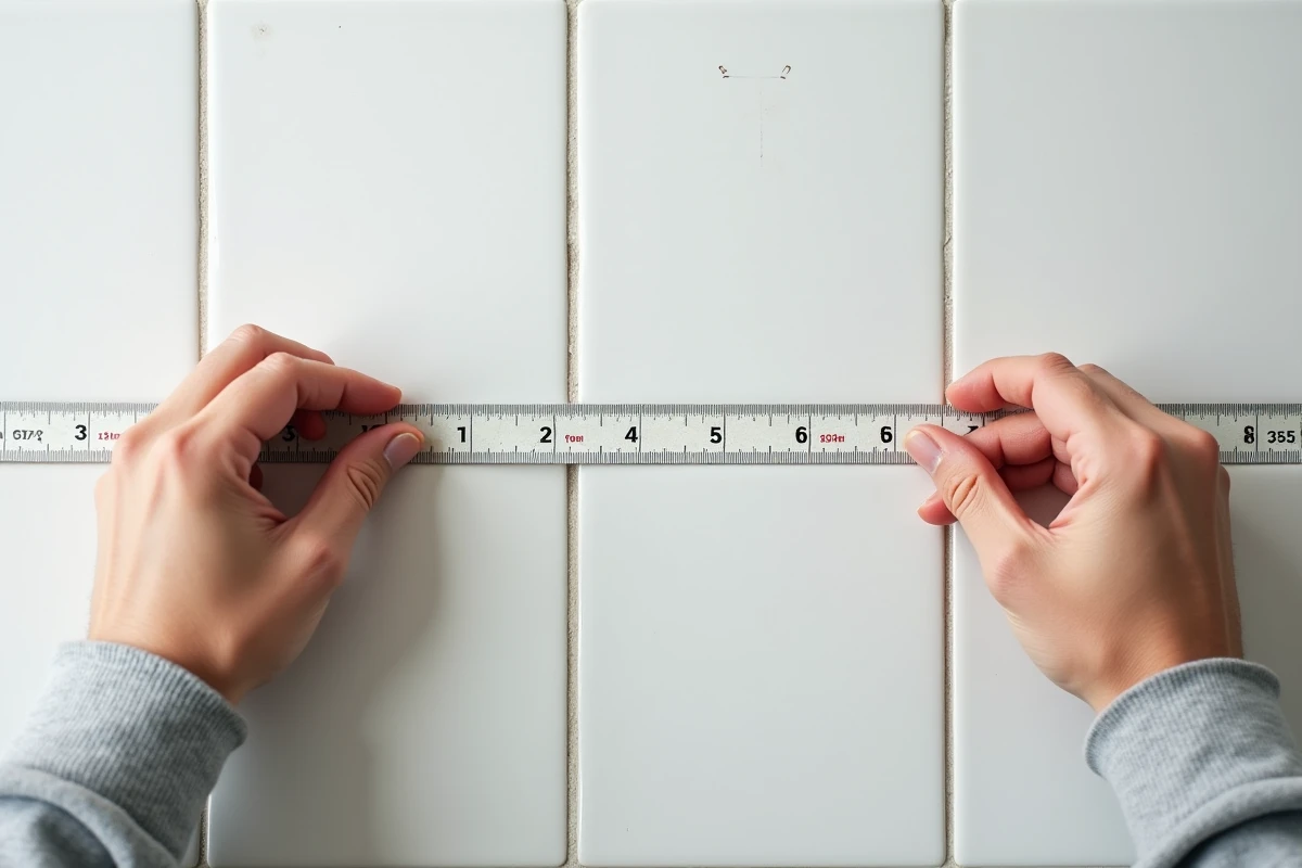 Gros plan d'un ruban à mesurer double graduation pouces et centimètres sur du carrelage blanc