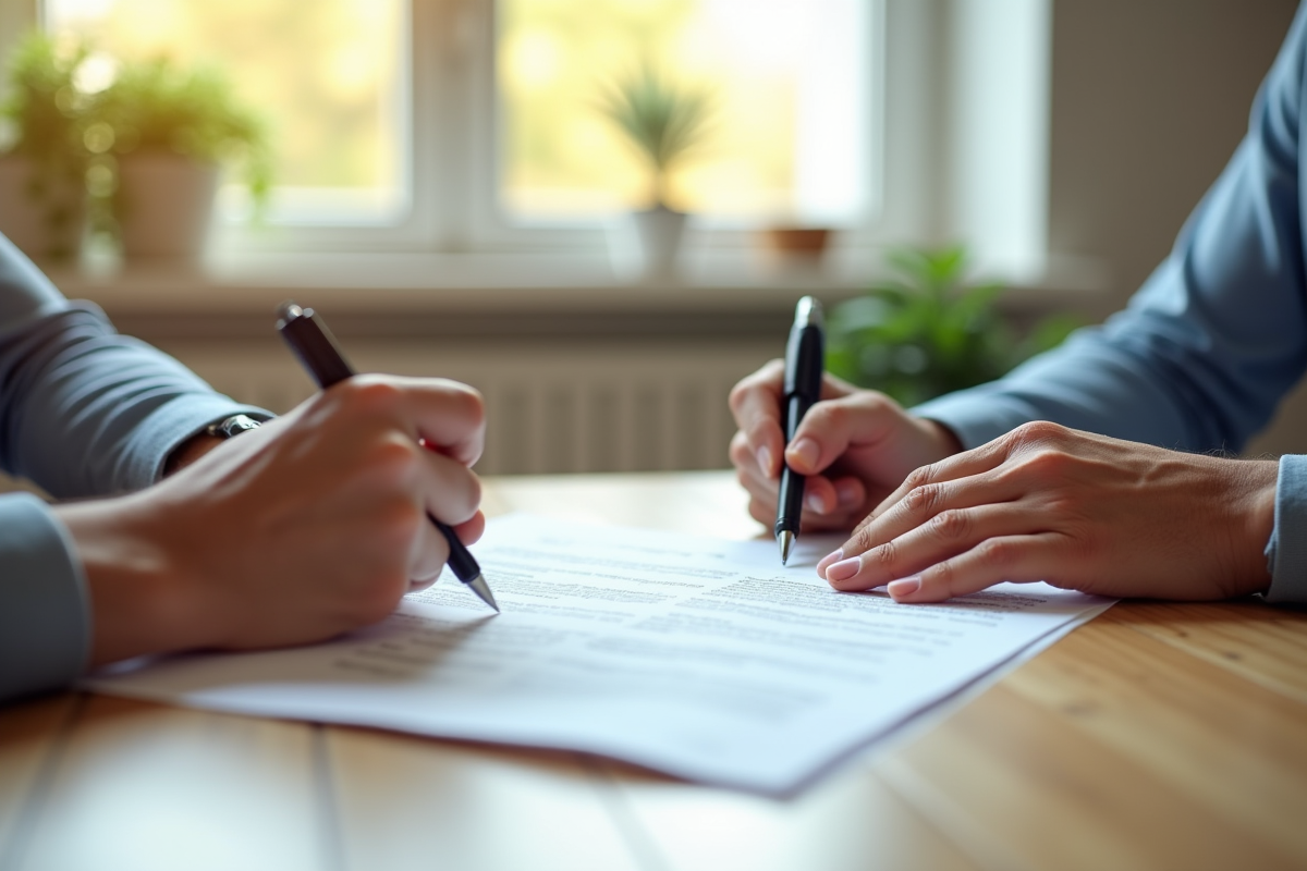 Deux mains signant un contrat de location sur une table en bois