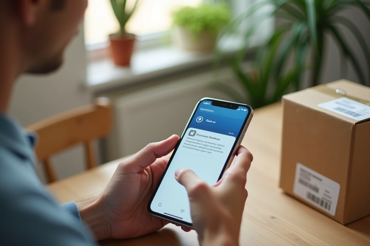 Mains tenant un smartphone affichant une erreur de suivi LP Collect sur une table en bois à la maison