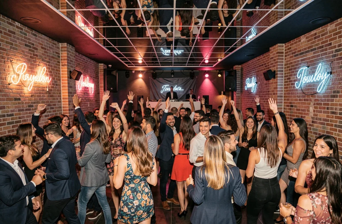 Groupe de jeunes adultes dansant dans un nightclub animé à Toulon avec décoration en brique apparente et néons colorés