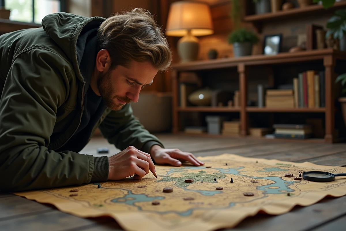 Homme accroupi qui pointe un emplacement caché sur une carte fantasy, symbolisant les spots inattendus du Royaume d'Encre pour farmer les kamas