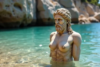 Statue en marbre d'un dieu grec de la mer partiellement immergée dans les eaux turquoise de la côte méditerranéenne, couverte de barnacles et de mousse marine
