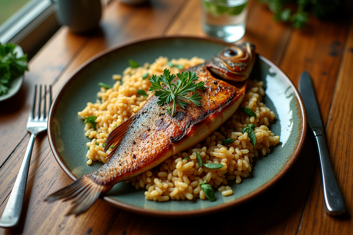 Poisson grillé avec riz sauvage et herbes fraîches