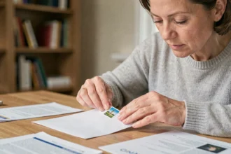 Femme collant un timbre dans le coin supérieur droit d'une enveloppe blanche sur un bureau en bois, geste précis pour courrier administratif