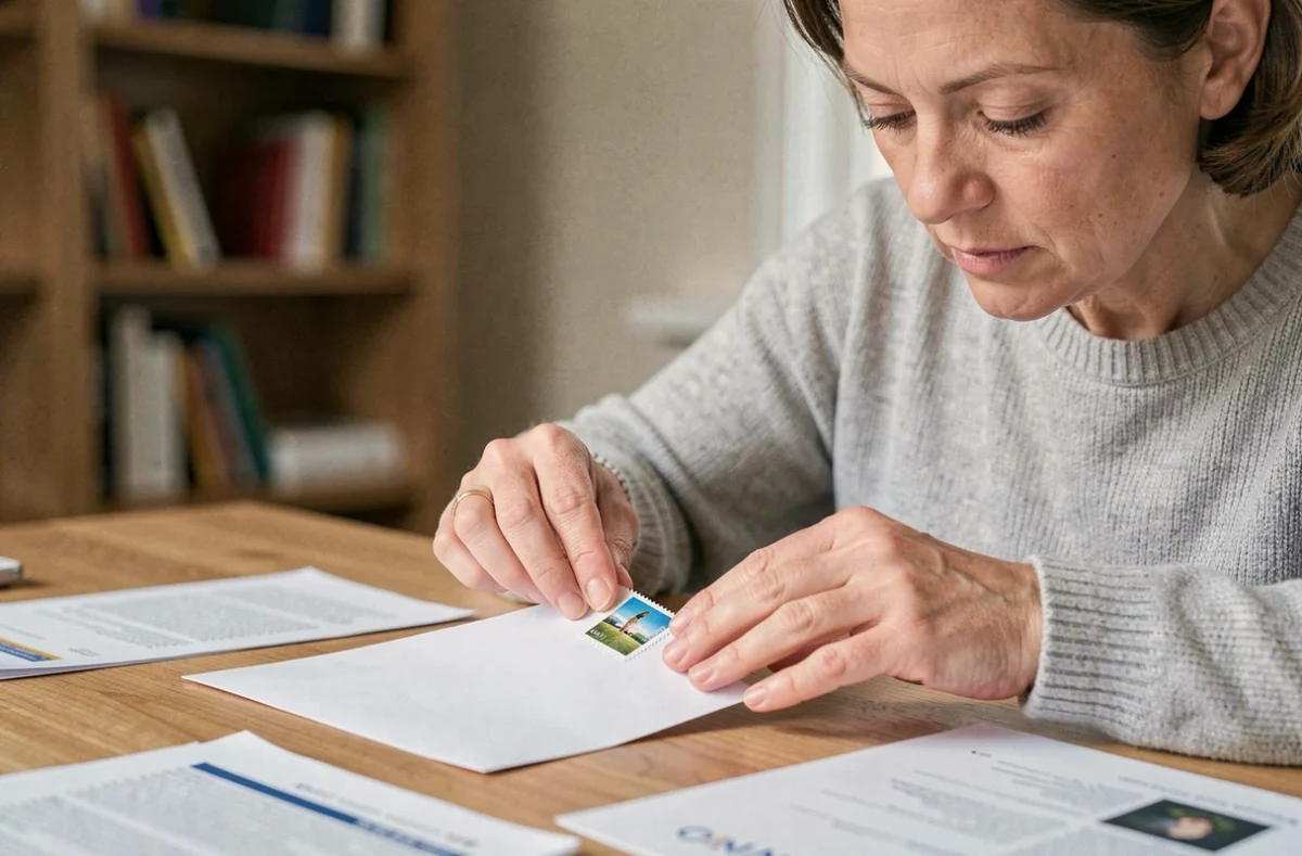 Femme collant un timbre dans le coin supérieur droit d'une enveloppe blanche sur un bureau en bois, geste précis pour courrier administratif