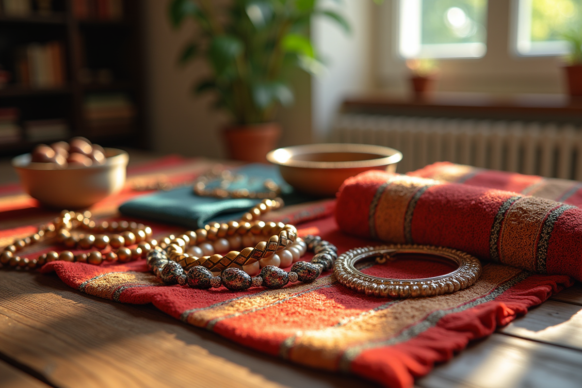 Zoom sur tissus colorés et bijoux sur table en bois naturel