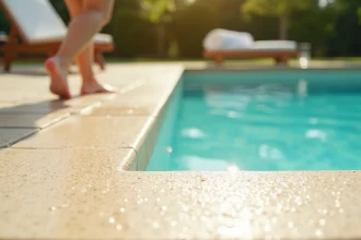 Tour de piscine avec carrelage antidérapant texturé autour d'une piscine extérieure en été