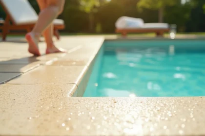 Tour de piscine avec carrelage antidérapant texturé autour d'une piscine extérieure en été