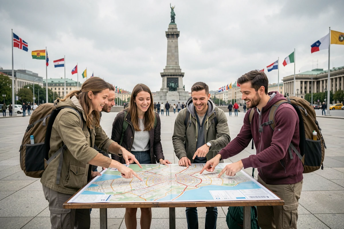Touristes consultant une carte dans une place emblématique de capitale mondiale
