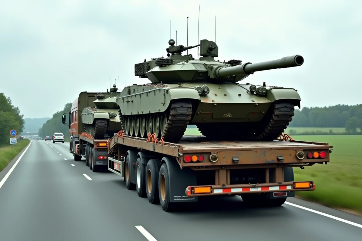 Transport logistique d'un char Leclerc sur un camion porte-char sur une route française, illustration des défis et coûts liés au déplacement de blindés lourds