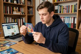 Collectionneur de cartes Pokémon vérifiant la valeur d'une carte rare sur un site de prix en ligne depuis son bureau