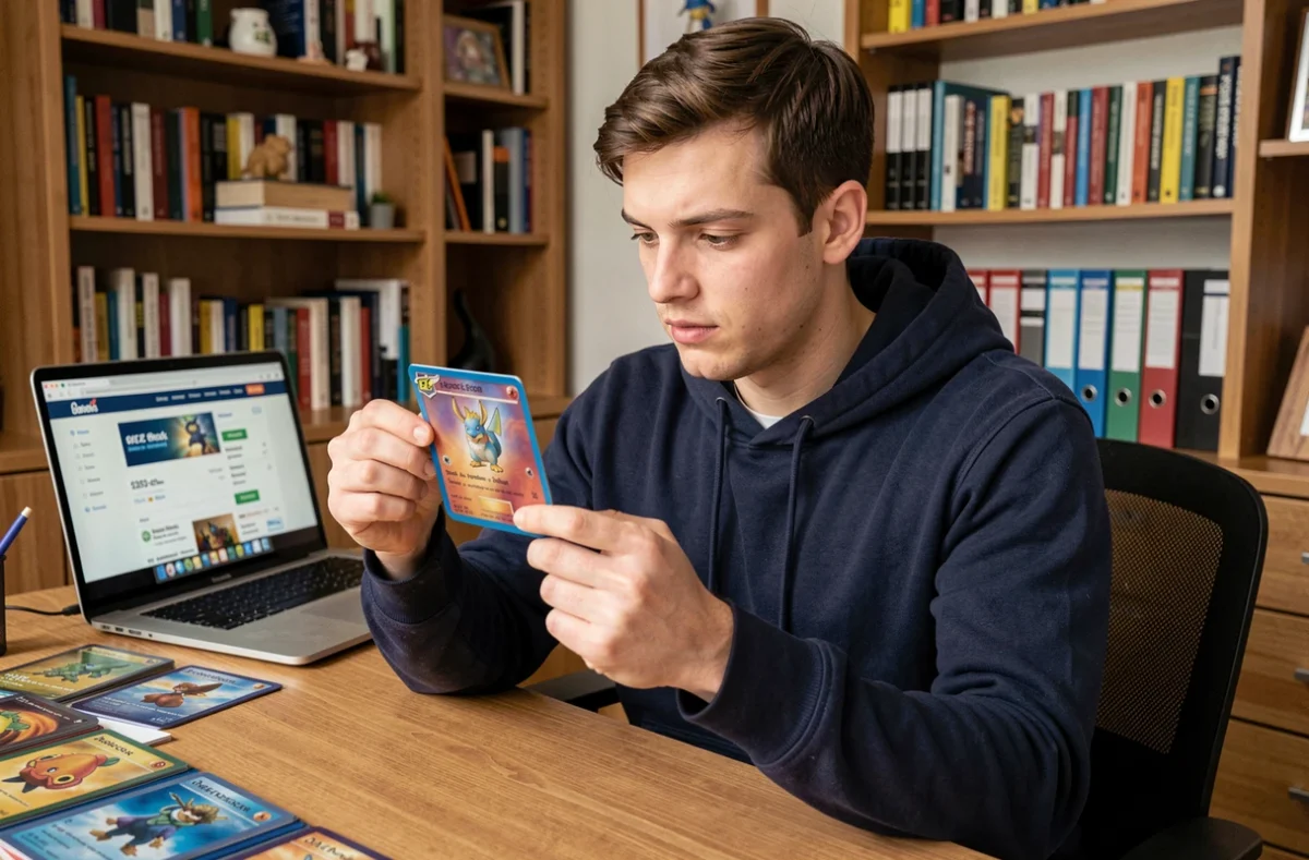 Collectionneur de cartes Pokémon vérifiant la valeur d'une carte rare sur un site de prix en ligne depuis son bureau