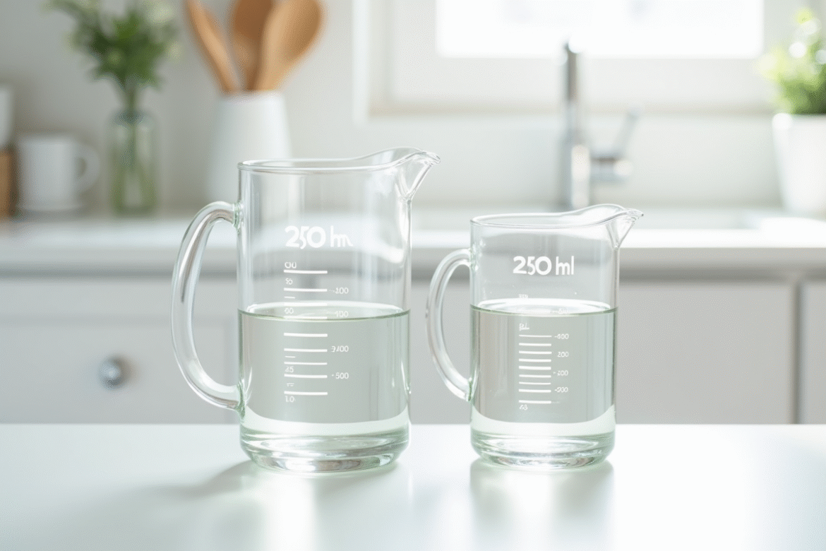 Deux verres doseurs côte à côte sur un plan blanc lumineux