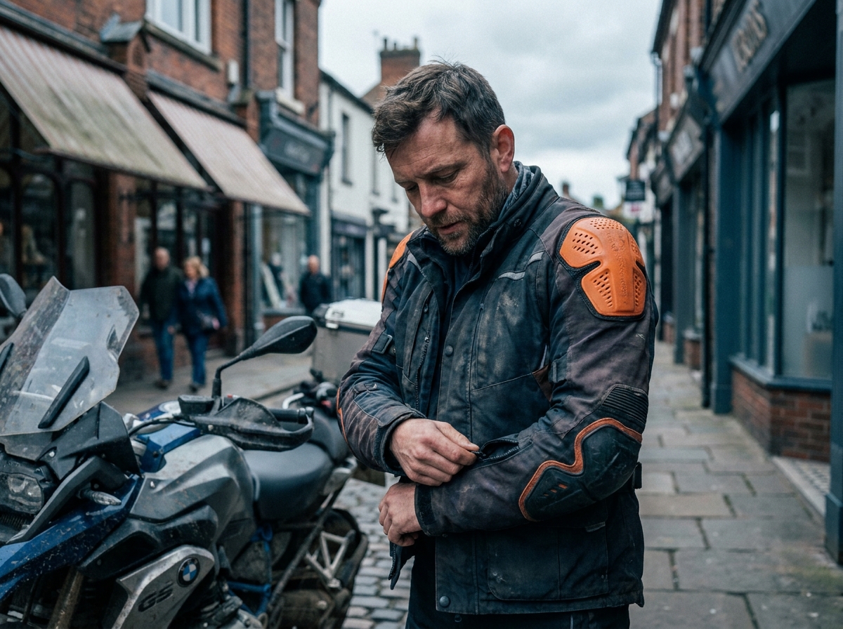 Motard en veste textile avec protections souples amovibles visibles aux épaules et coudes, debout dans une ruelle urbaine pavée