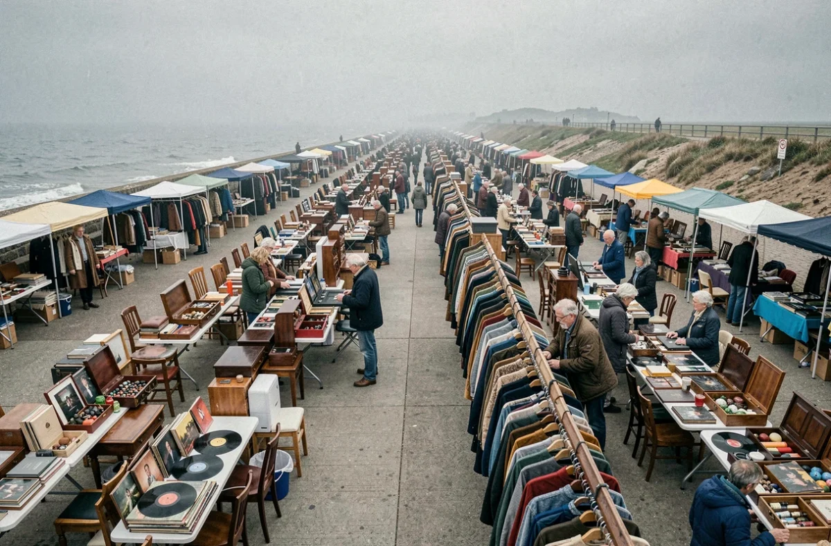 Vue panoramique d'un grand vide-grenier du week-end le long d'une promenade côtière bretonne dans le Finistère