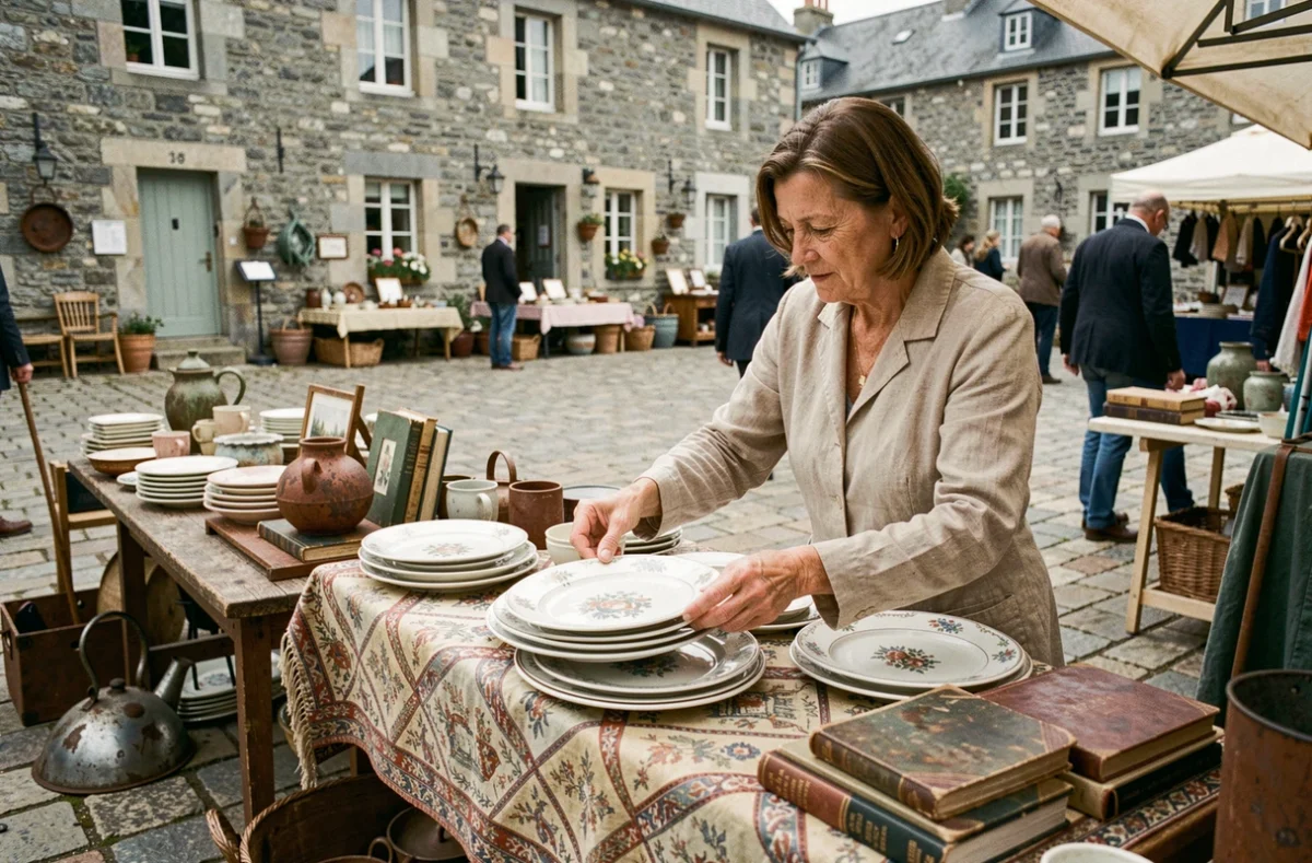 Femme examinant des céramiques vintage sur un vide-grenier en plein air dans une place de village breton pavée