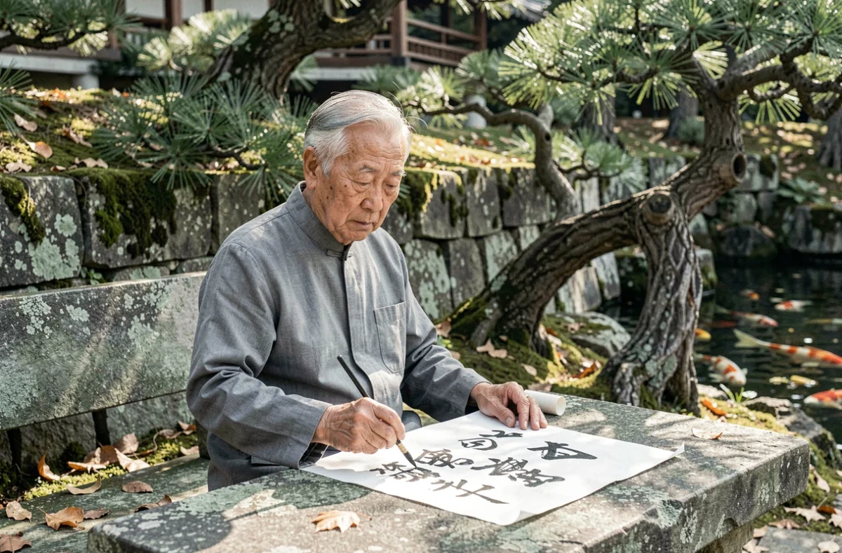 Vieil homme chinois pratiquant la calligraphie dans un jardin classique en automne, symbolisant la sagesse des proverbes chinois pour apaiser les émotions