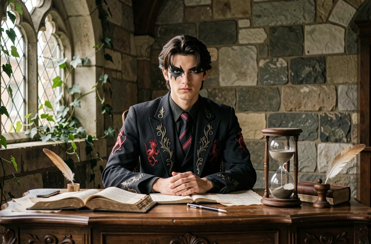 Personnage villain aux yeux de renard assis à un bureau d'étude gothique avec manuscrits et sablier, costume d'académie démonique brodé