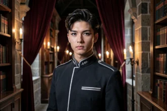 Cosplayer incarnant le villain aux yeux de renard de l'académie des démons, en uniforme sombre et col haut, dans un couloir de bibliothèque gothique