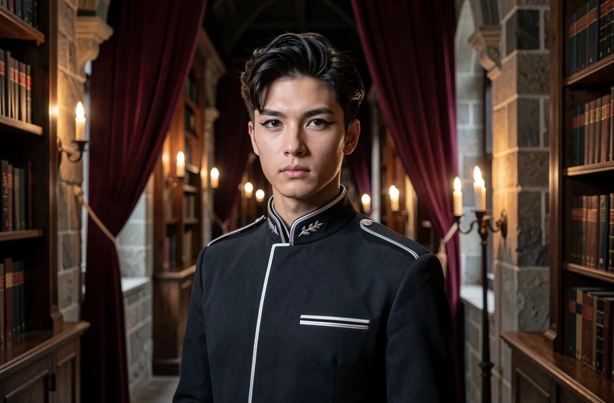 Cosplayer incarnant le villain aux yeux de renard de l'académie des démons, en uniforme sombre et col haut, dans un couloir de bibliothèque gothique
