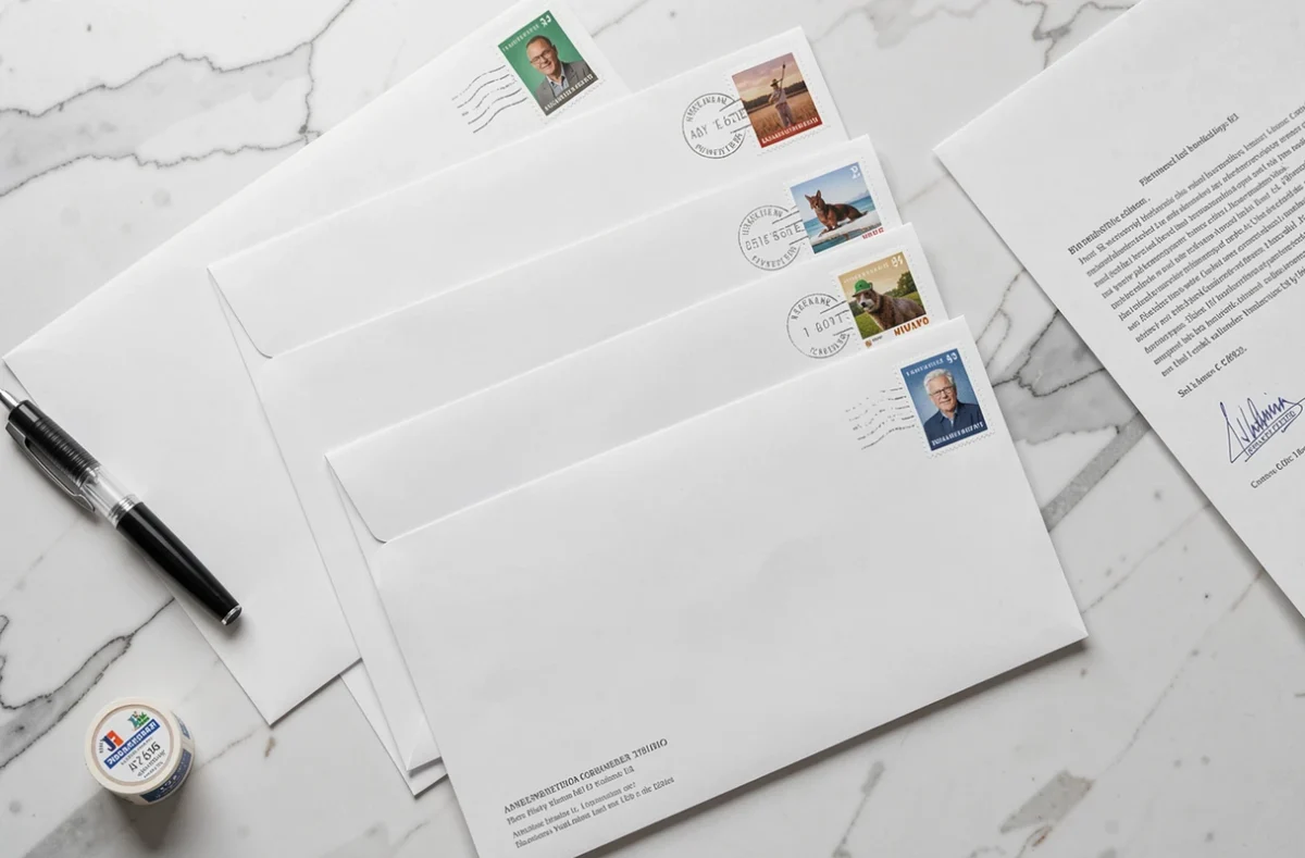 Vue de dessus d'enveloppes administratives avec timbres correctement positionnés en haut à droite, stylo et rouleau de timbres sur surface blanche